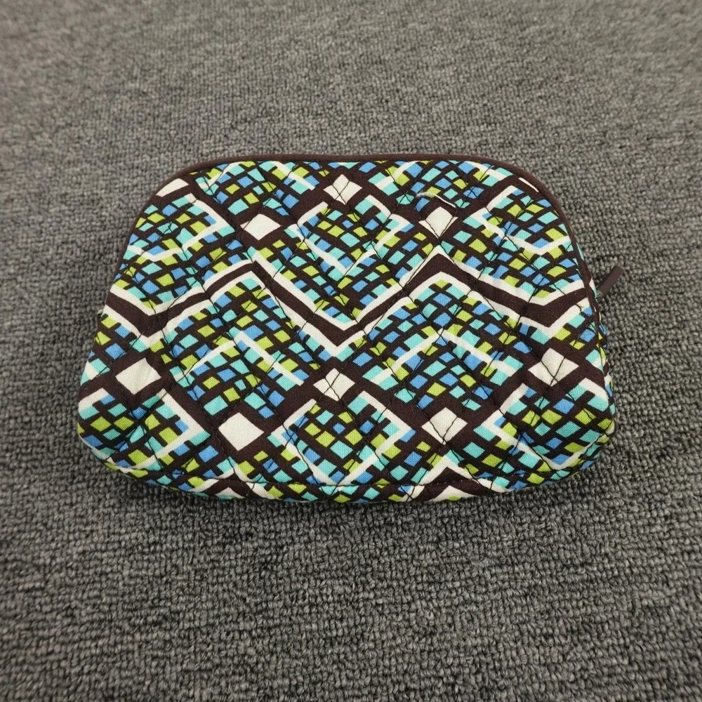 Vera Bradley Cosmetic Bag Blue Green Brown Quilted‎ Makeup Pouch Travel Zip Case